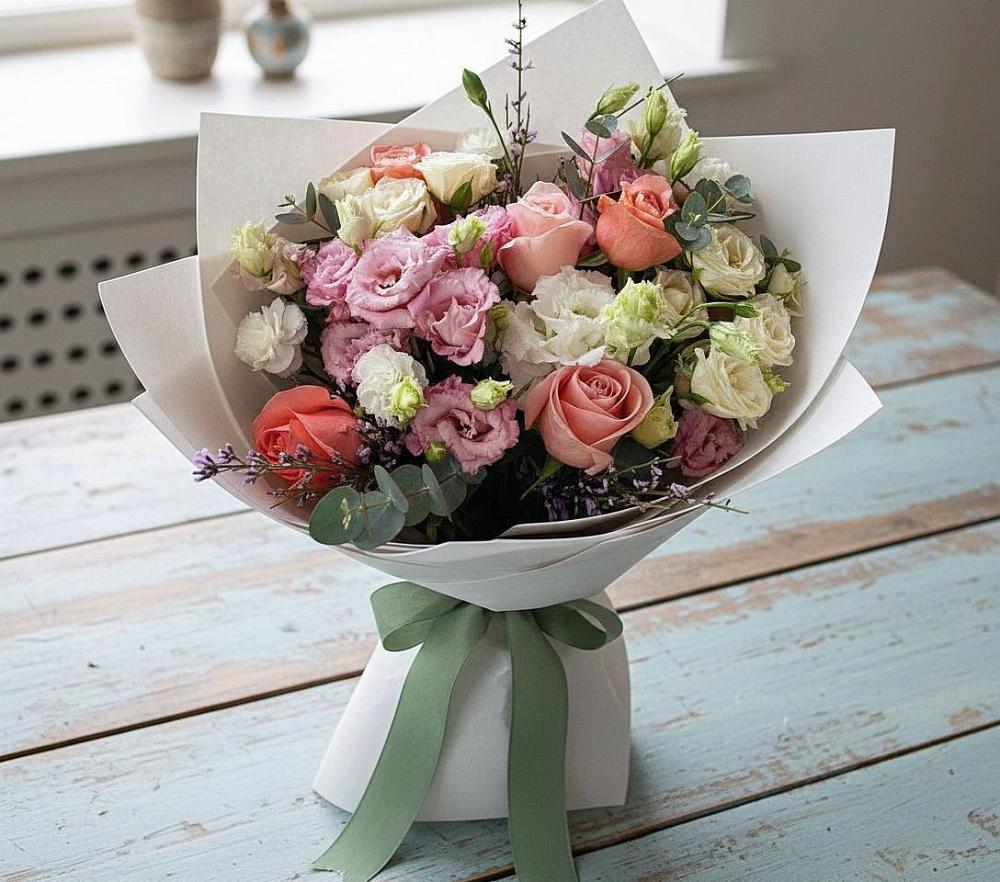 Букет цветов из: Розы, Лизиантусы и Гвоздики в Ключах