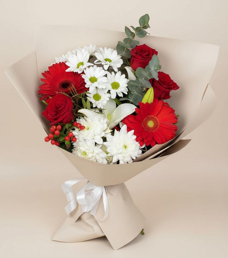 Букет цветов из: Розы, Хризантемы, Герберы и Лилии в Ключах