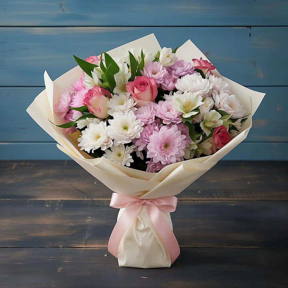 Букет цветов из: Хризантемы, Альстромерии и Розы в Ключах